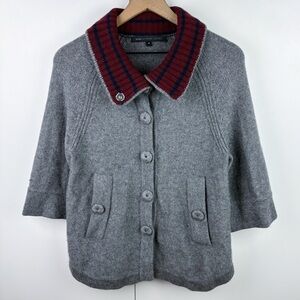 Marc Jacobs 100% Cashmere Snap Button Shawl Collar Cardigan Sweater Gray Red